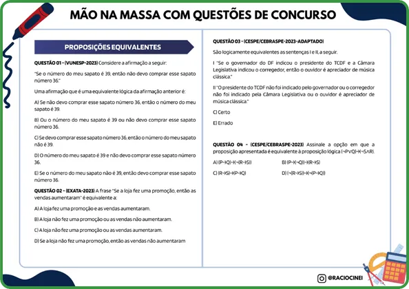 Amostra real do material: página de questões de concurso sobre proposições equivalentes