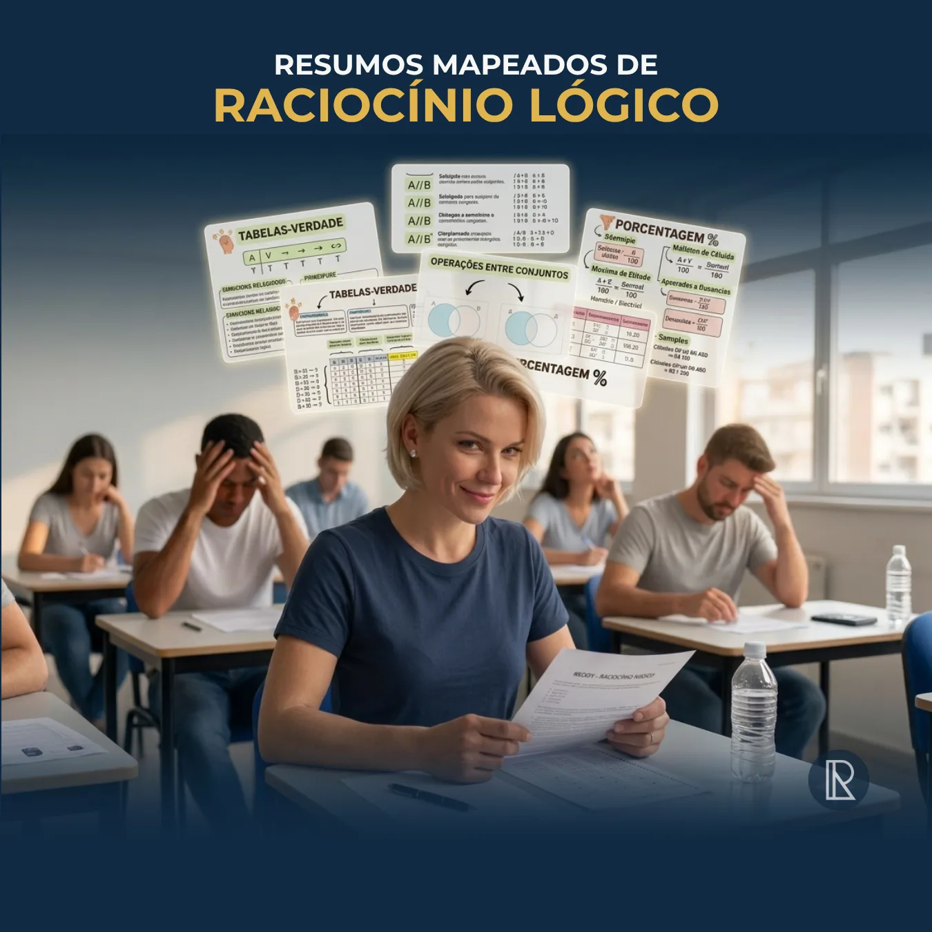 Concurseira confiante segurando o resumo de Raciocínio Lógico da Raciocinei, com colegas de prova ao fundo