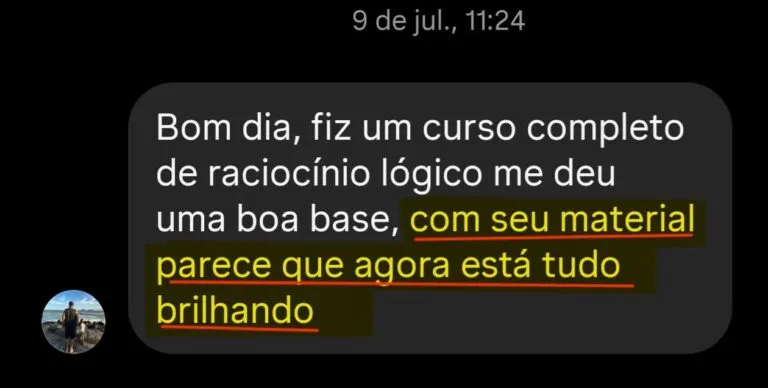 Print de depoimento de aluna sobre o material Raciocinei no WhatsApp