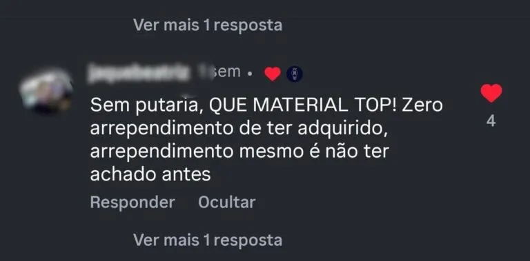 Print de depoimento de aluna sobre o material Raciocinei no WhatsApp